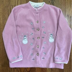 Bonnie Evans Vintage Pink Snowman Snowflake Fleece Cardigan Size XL